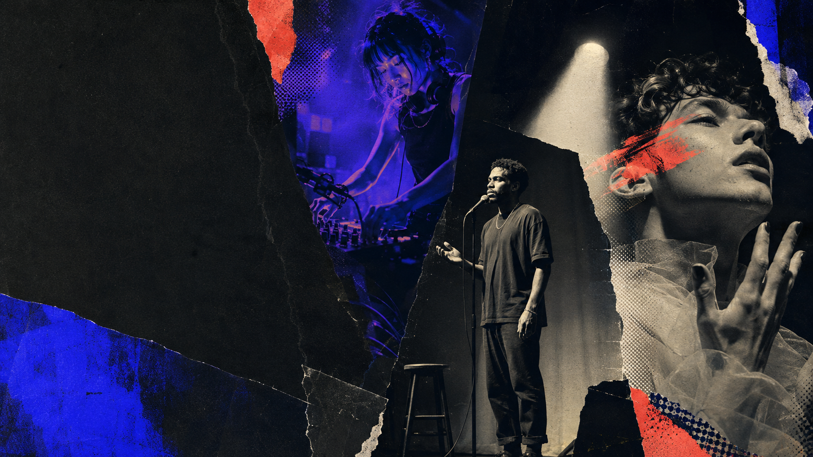 Editorial collage of a DJ, comedian and performance artist